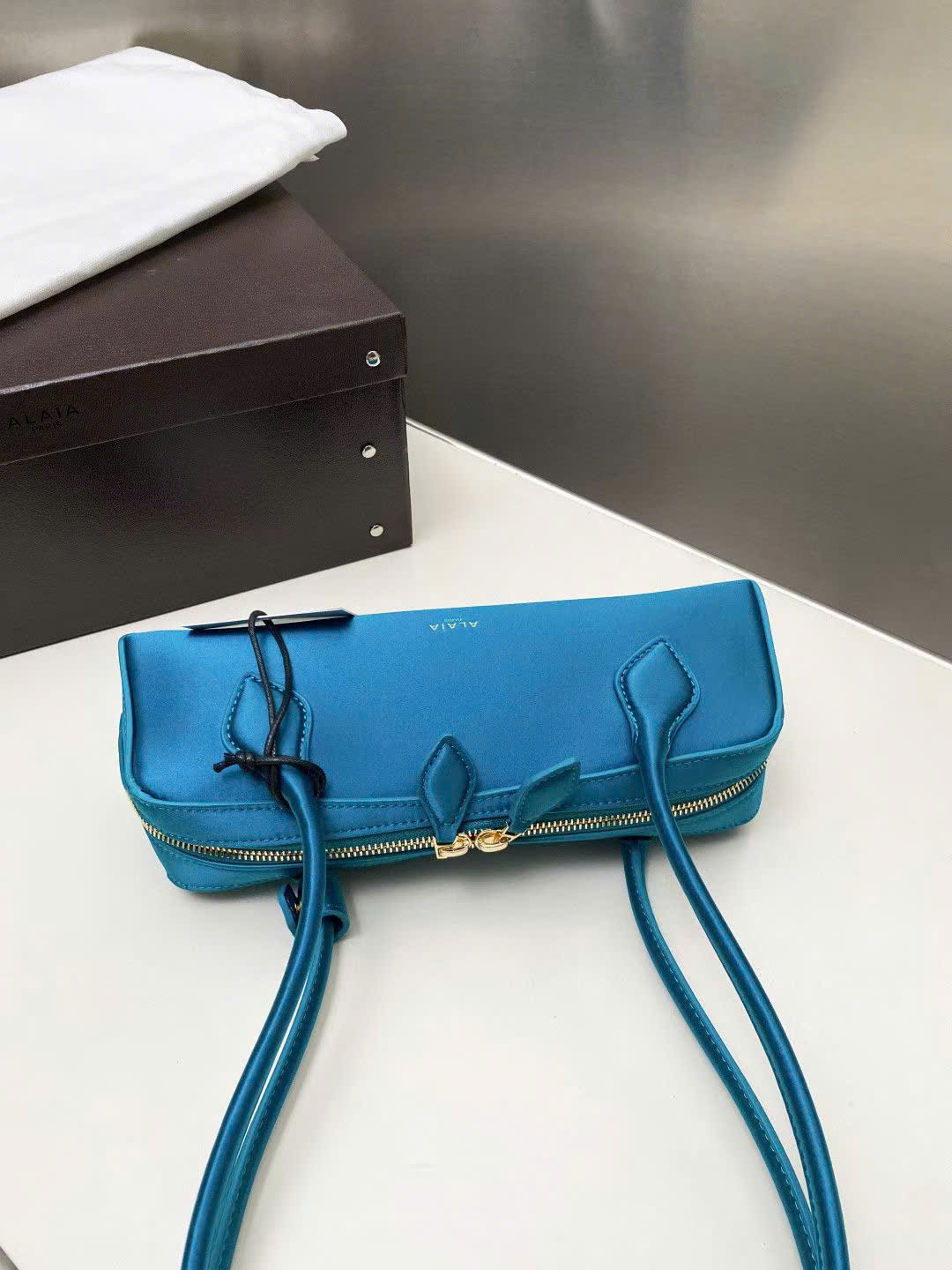 Alaia Le Teckel Large Satin Shoulder Bag - Teal Blue - Image 2