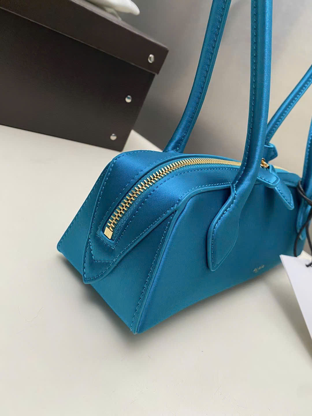 Alaia Le Teckel Large Satin Shoulder Bag - Teal Blue - Image 4