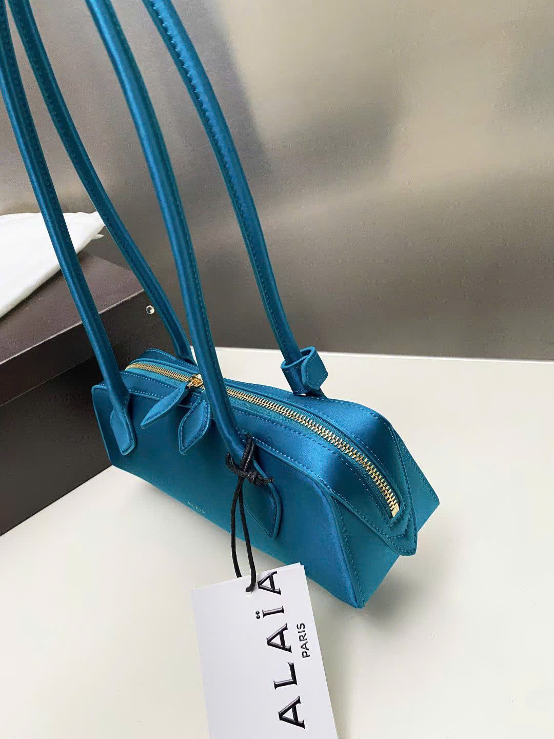 Alaia Le Teckel Large Satin Shoulder Bag - Teal Blue - Image 7