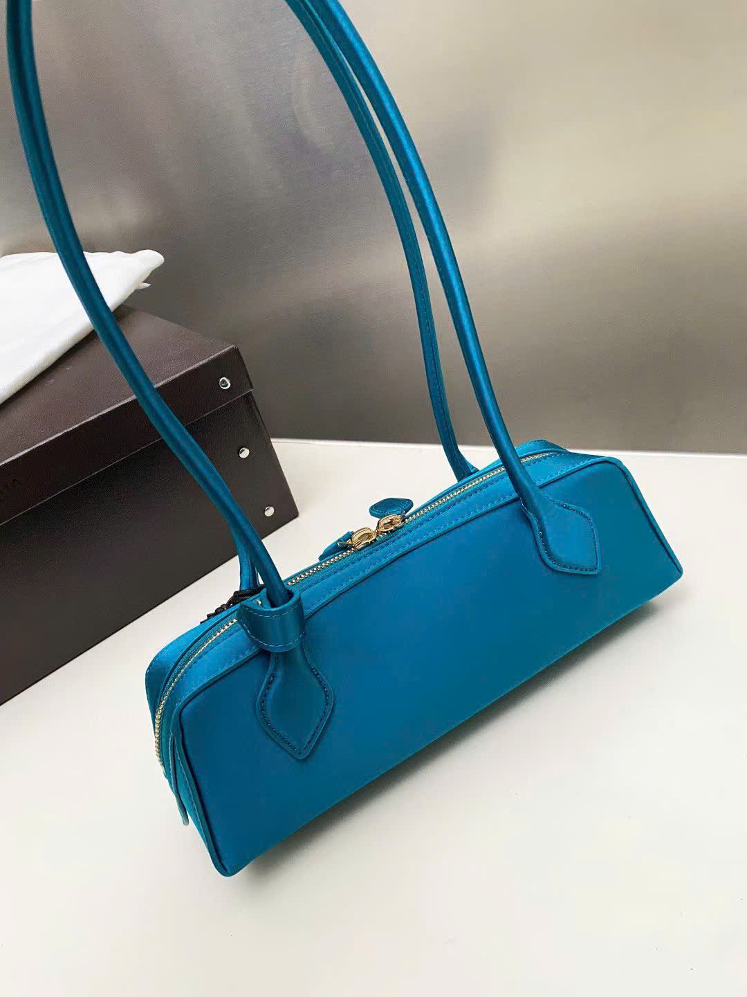 Alaia Le Teckel Large Satin Shoulder Bag - Teal Blue - Image 8